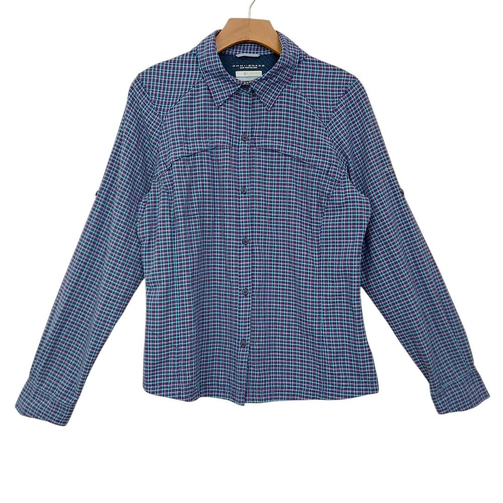 Columbia Shirt Womens Large Purple Checks Roll Tab Sleeve Breathable Outdoor